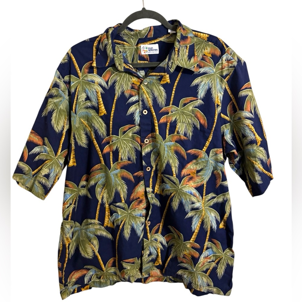 Reyn‎ Spooner Palm Tree Hawaiian Short Sleeve Shirt XL Missing Button